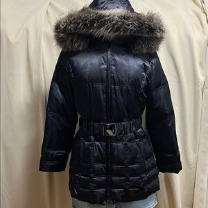 Laundry by Shelli Segal Black Down Puffer Coat with Fur Trim